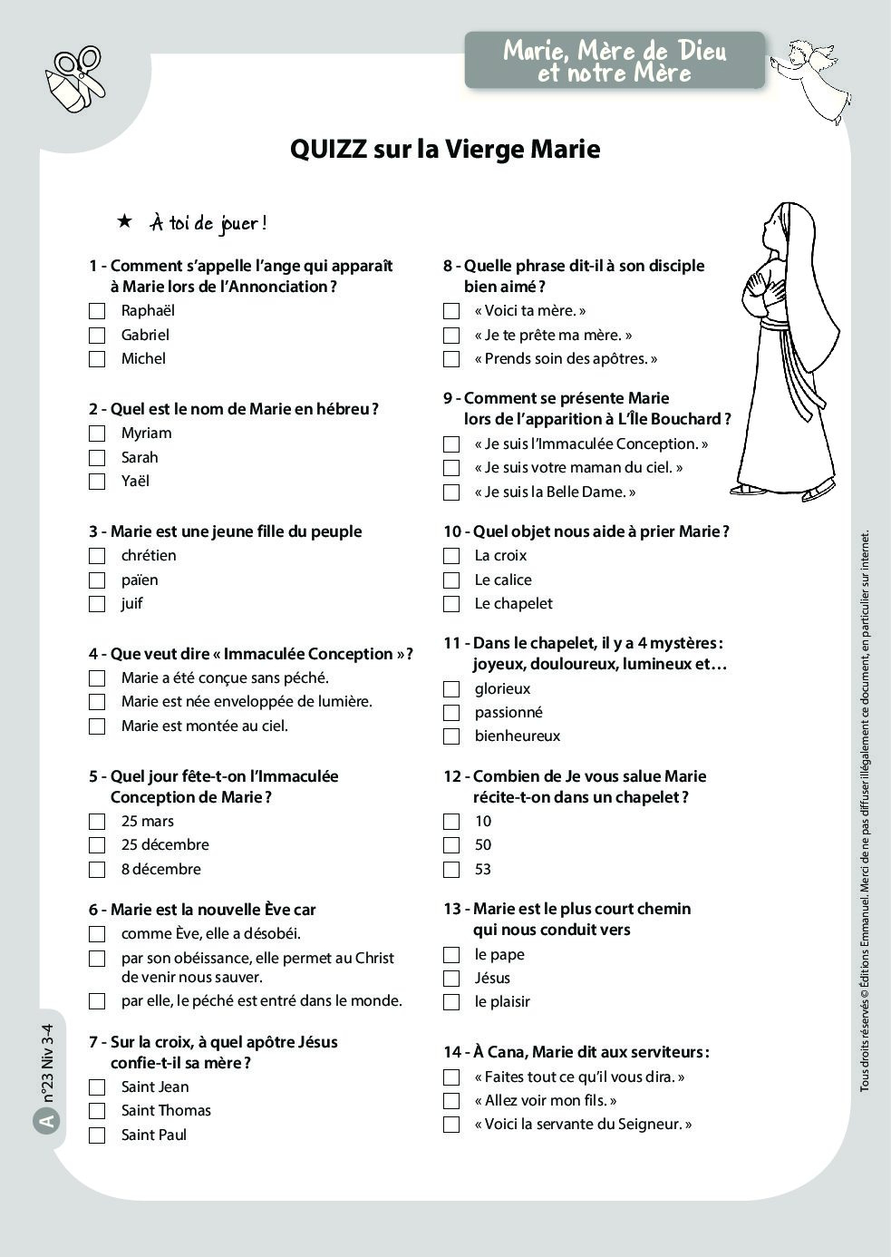 Quizz Sur La Vierge Marie - Catéchisme Emmanuel à Quizz Enfant 