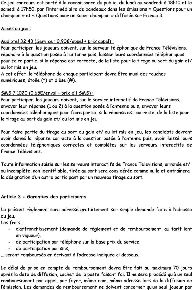 Reglement Du Jeu Concours Questions Pour Un Champion – Pdf serapportantà Question Reponse Jeu Gratuit