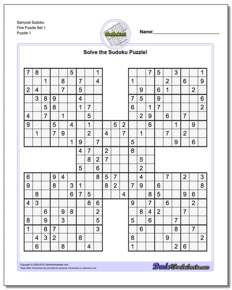 Samurai Sudoku Five Puzzle Set 1 #sudoku #worksheet | Sudoku intérieur Sudoku Facile Avec Solution