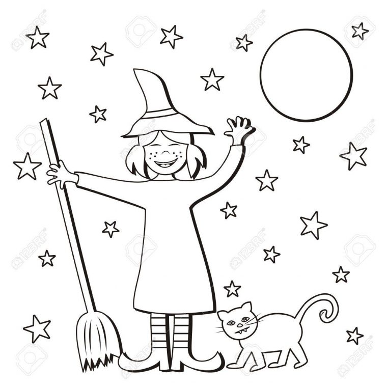 Sorcière Et Balai Et Chat, Coloriage, Icône De Vecteur avec Balai Coloriage