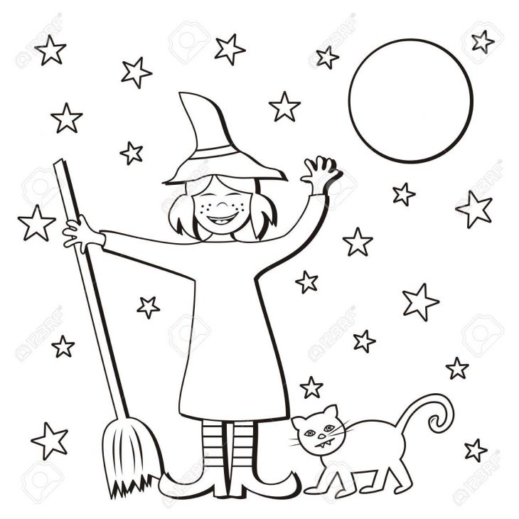 Sorcière Et Balai Et Chat, Coloriage, Icône De Vecteur concernant Coloriage Balai