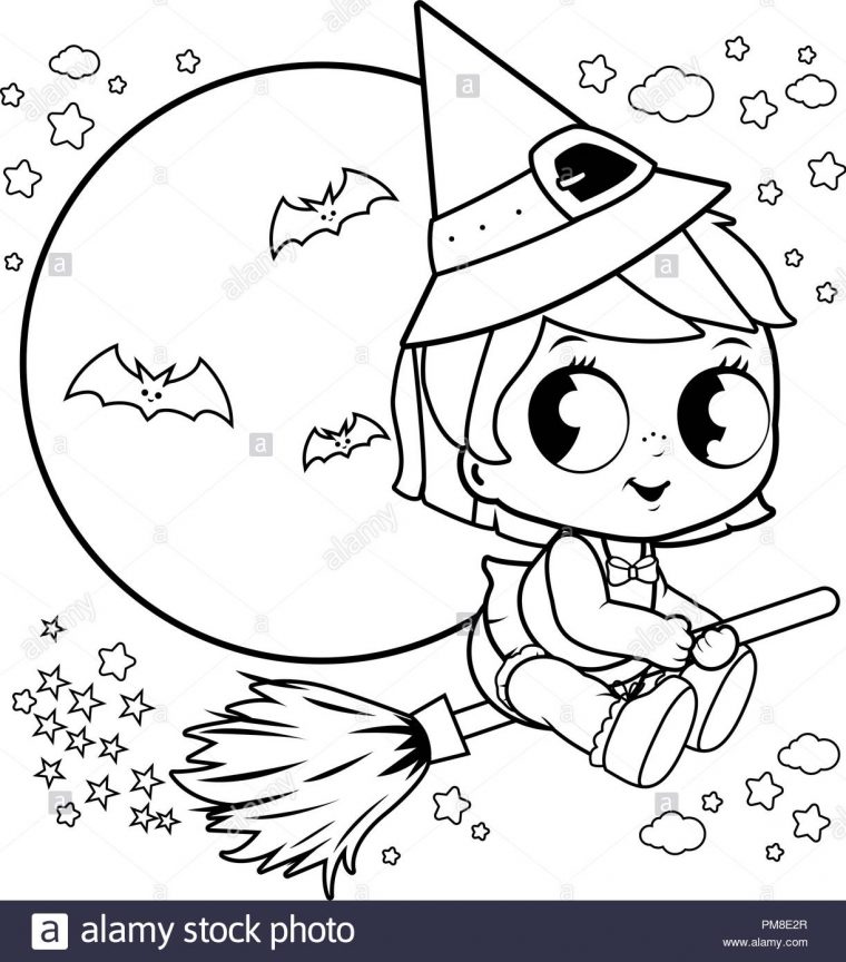 Sorcière Halloween Bébé Voler Avec Un Balai Dans Le Ciel concernant Balai Coloriage