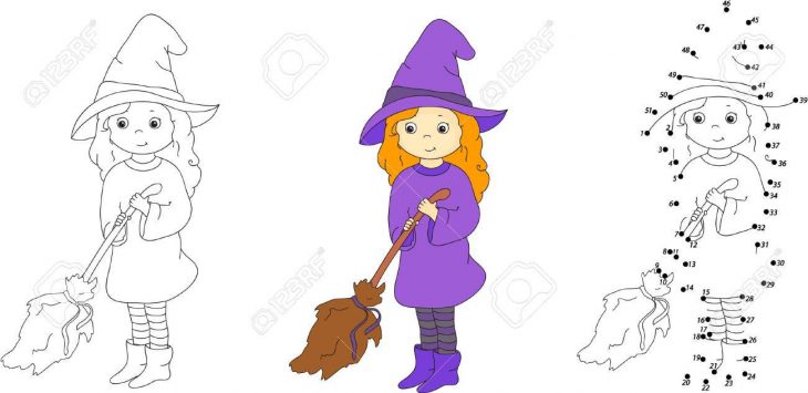 Sorcière Mignonne Et Agréable Avec Un Balai. Coloriage Et Point À Point Jeu  Éducatif Pour Les Enfants. Vector Illustration à Coloriage Balai