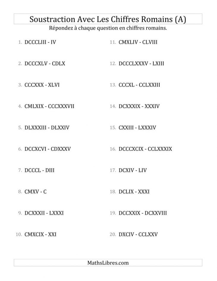 Soustraction Avec Les Chiffres Romains (Jusqu'à M) (A) encequiconcerne Apprendre Les Chiffres Romains
