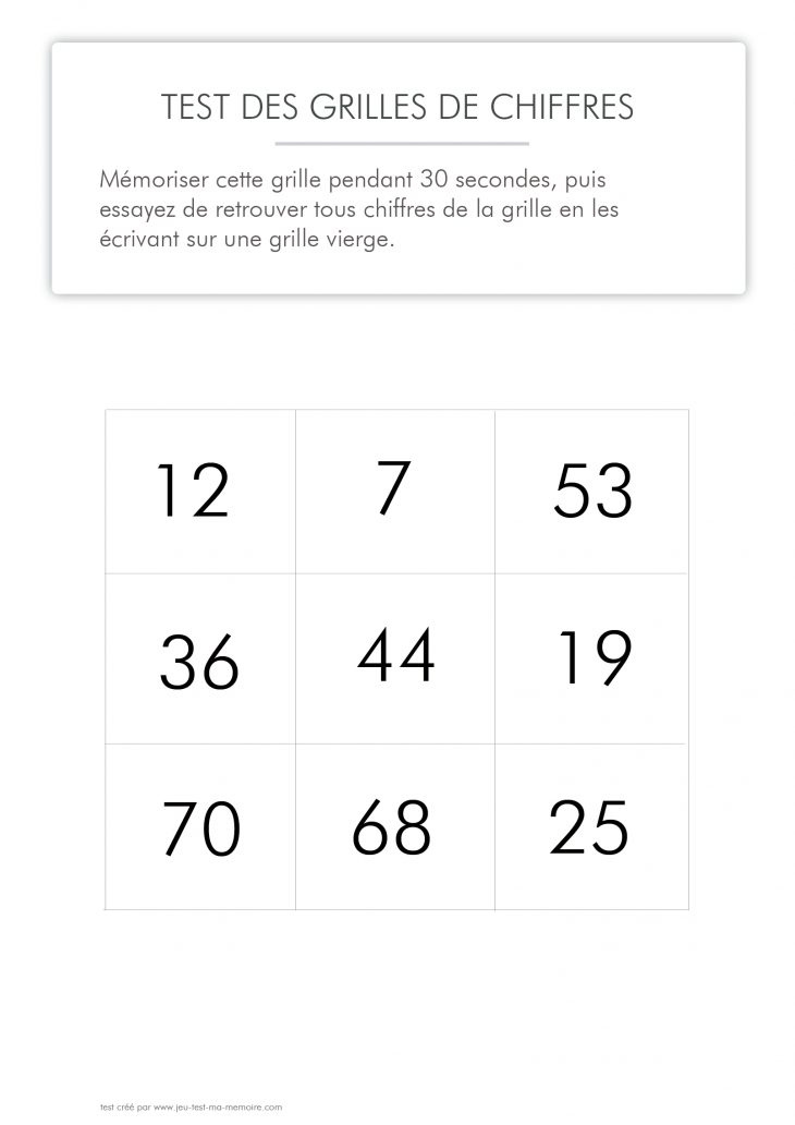 Test De Mémoire À Imprimer – Nombres (Série 1) serapportantà Jeux De Mémoire À Imprimer Pour Adultes