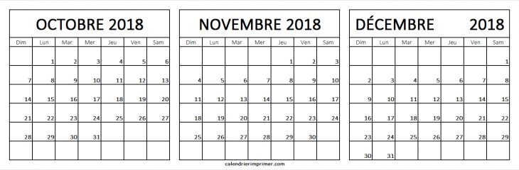 Trois Mois Calendrier Octobre Novembre Décembre 2018 À Imprimer pour Calendrier 2018 A Imprimer Par Mois