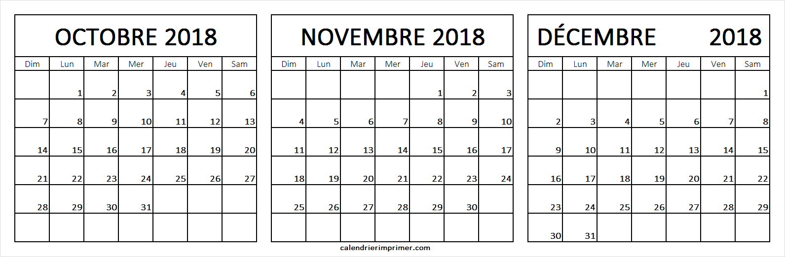 Trois Mois Calendrier Octobre Novembre Décembre 2018 À Imprimer pour Calendrier 2018 A Imprimer Par Mois 