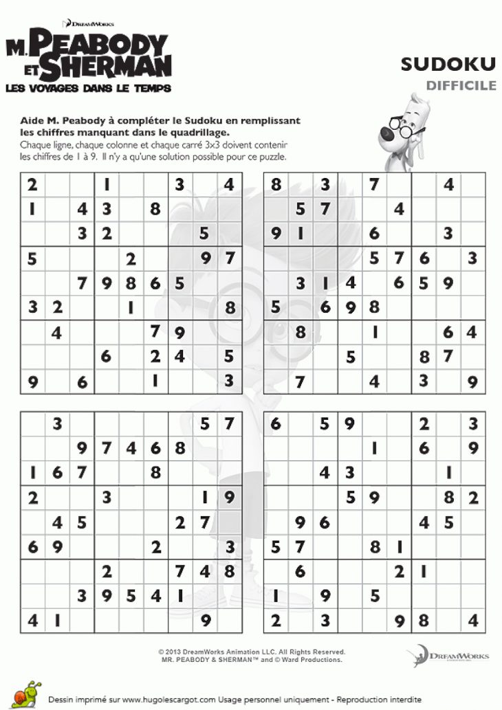 Un Sudoku Difficile À Imprimer Du Film De M.peabody serapportantà Sudoku Cm2 À Imprimer