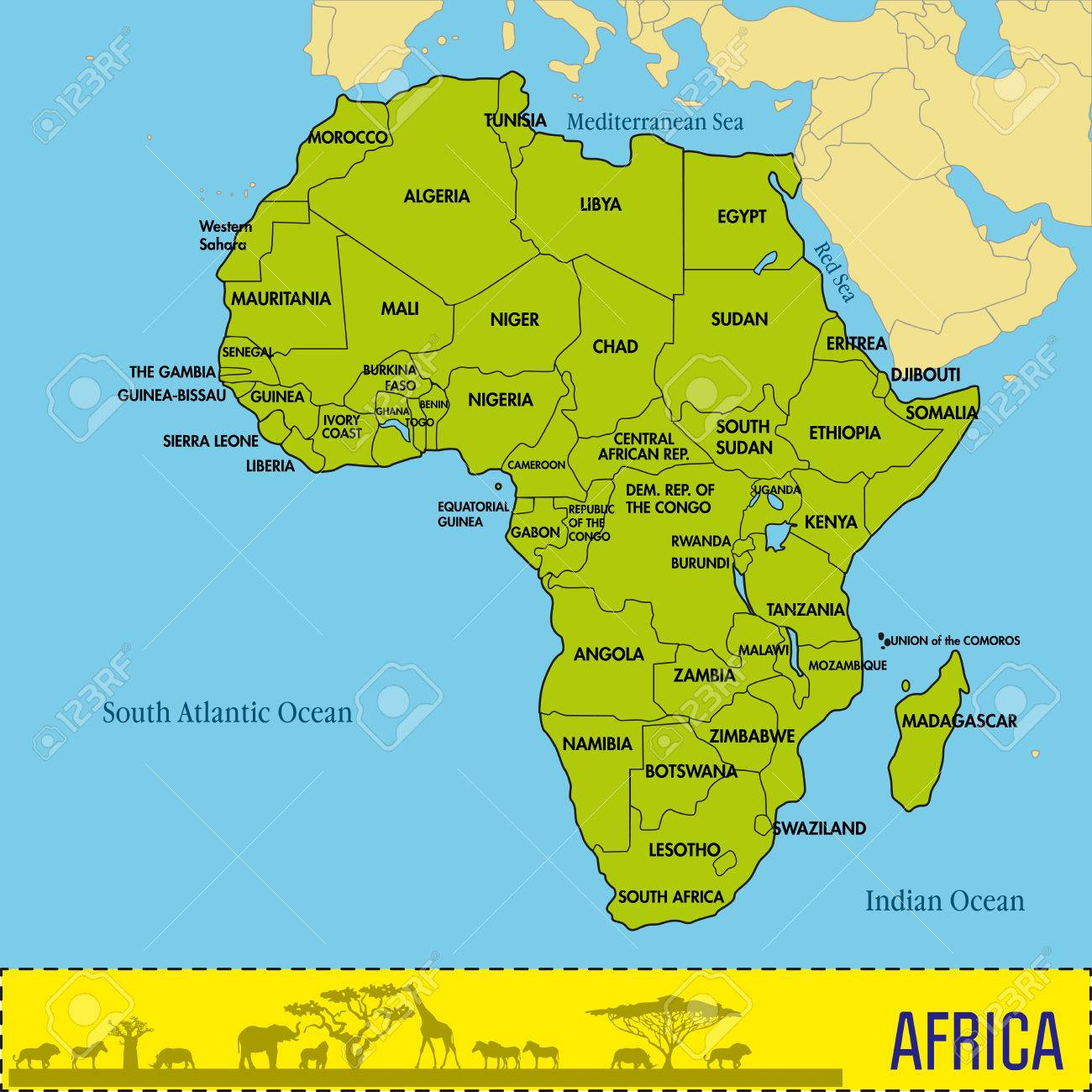 Une Carte Politique Très Détaillée Du Continent, Située Sur La Plaque  Continentale Africaine Avec Tous Les Pays Et Leurs Capitales. Illustration tout Pays Et Leurs Capitales 