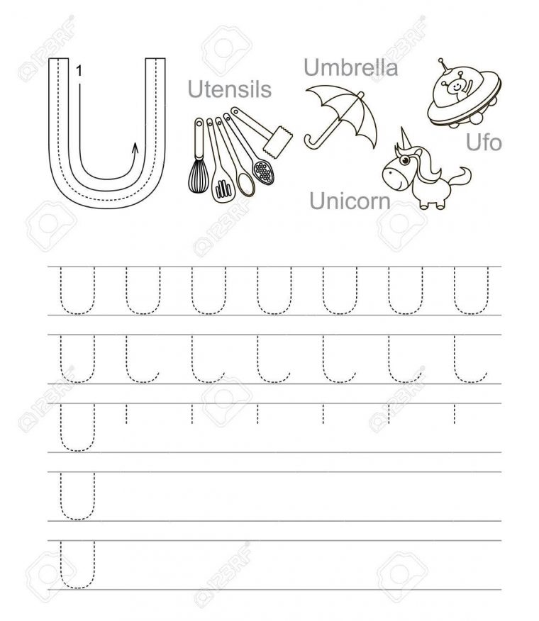 Vector Exercice Illustré Alphabet. Apprendre L'écriture. Feuille De Traçage  Pour La Lettre U. Page À Colorer. destiné Exercice Sur L Alphabet