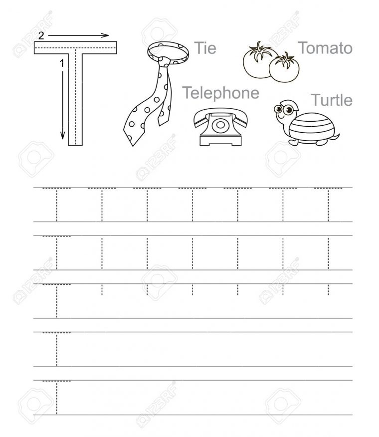 Vector Exercice Illustré Alphabet. Apprenez L'écriture. Feuille De Traçage  Pour La Lettre T. Page À Colorer. concernant Exercice Sur L Alphabet