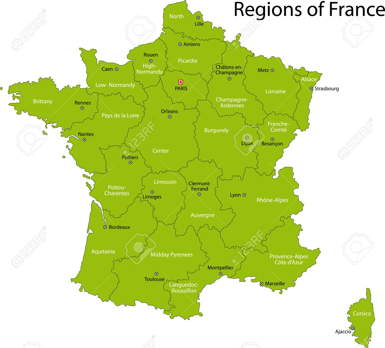 Vert Carte De France Avec Les Régions Et Les Principales ...