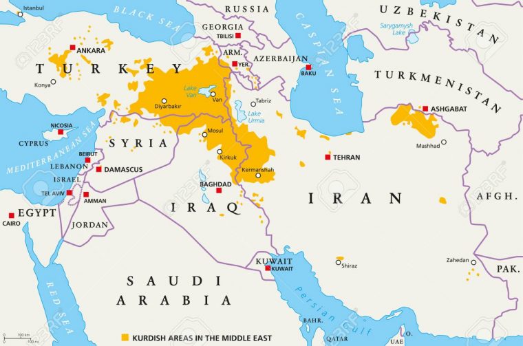 Zones Kurdes Au Moyen-Orient, Carte Politique. Pays Avec Leurs Capitales,  Frontières Nationales Et Villes Importantes. Zones Kurdes De Couleur  Orange. serapportantà Pays Et Leurs Capitales