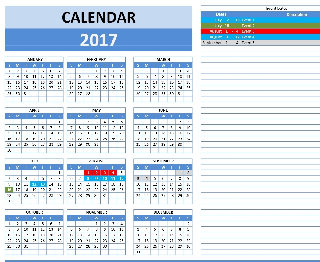 2017 Calendars  Excel Calendars destiné Calendrier Excel 2017 