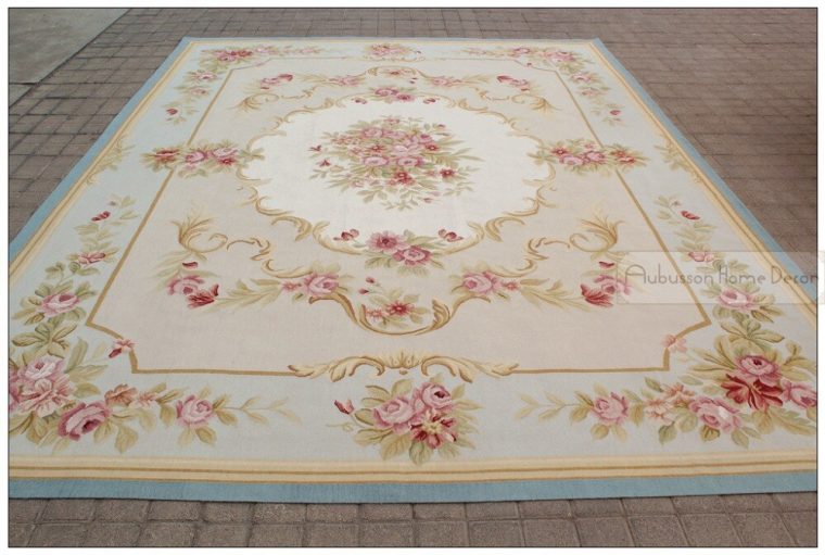 9'X12' Aubusson Area Rug Blue W Chic Pink Roses Fine encequiconcerne Shabby Chic Area Rugs