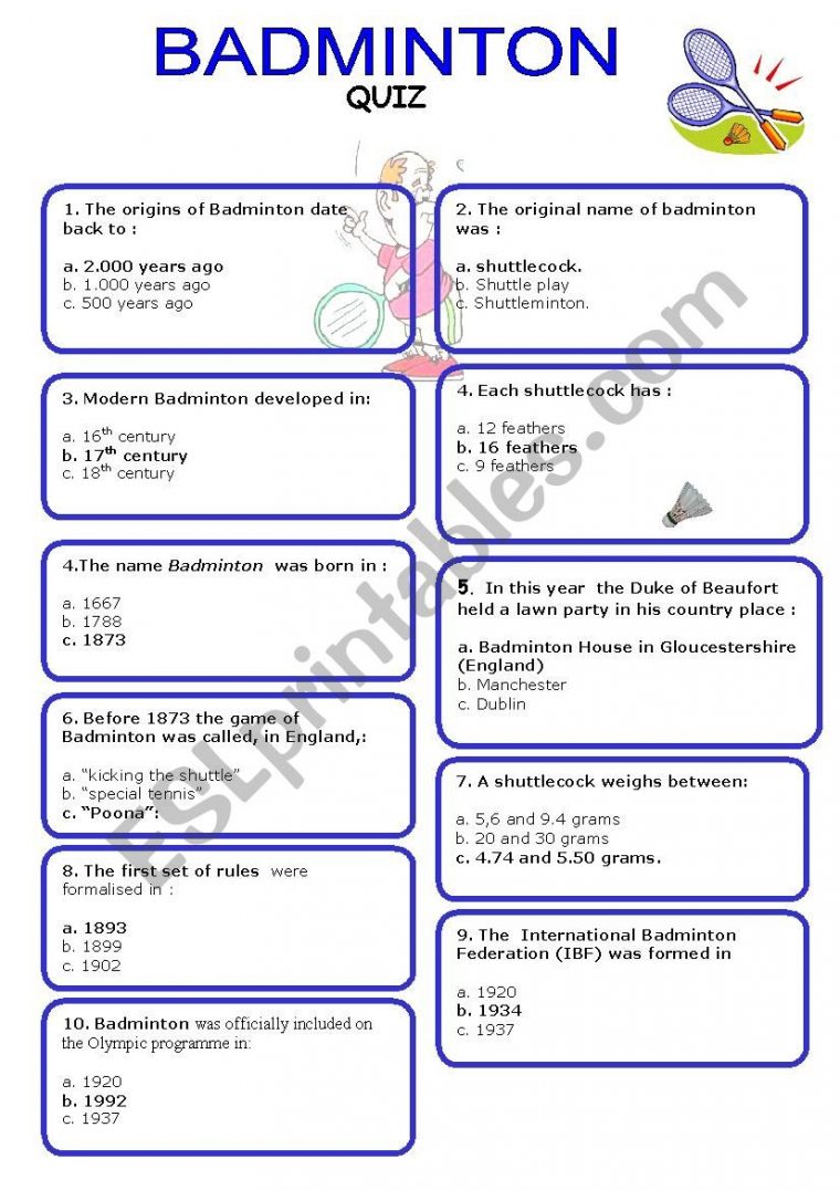 Badminton Quiz – With Key – Esl Worksheet By Lancillotta: à Badminton Flashcards