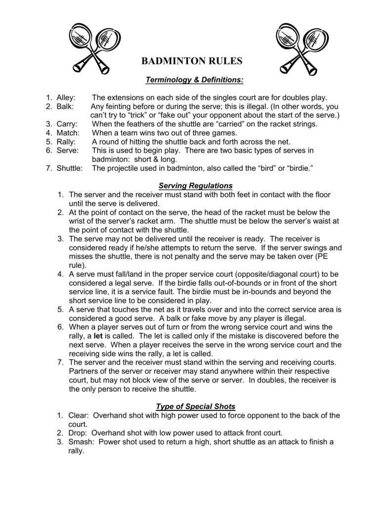 Badminton Rules - Olympia High School dedans Badminton Flashcards