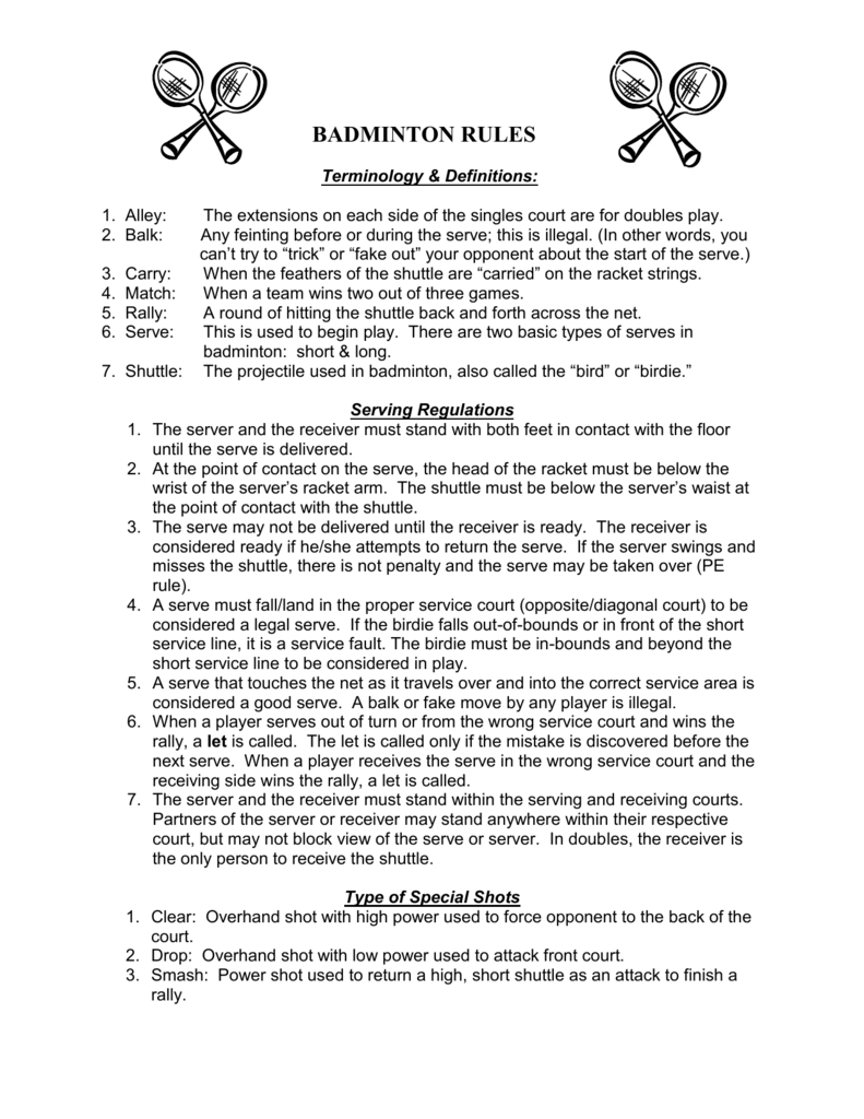 Badminton Rules - Olympia High School dedans Badminton Flashcards 