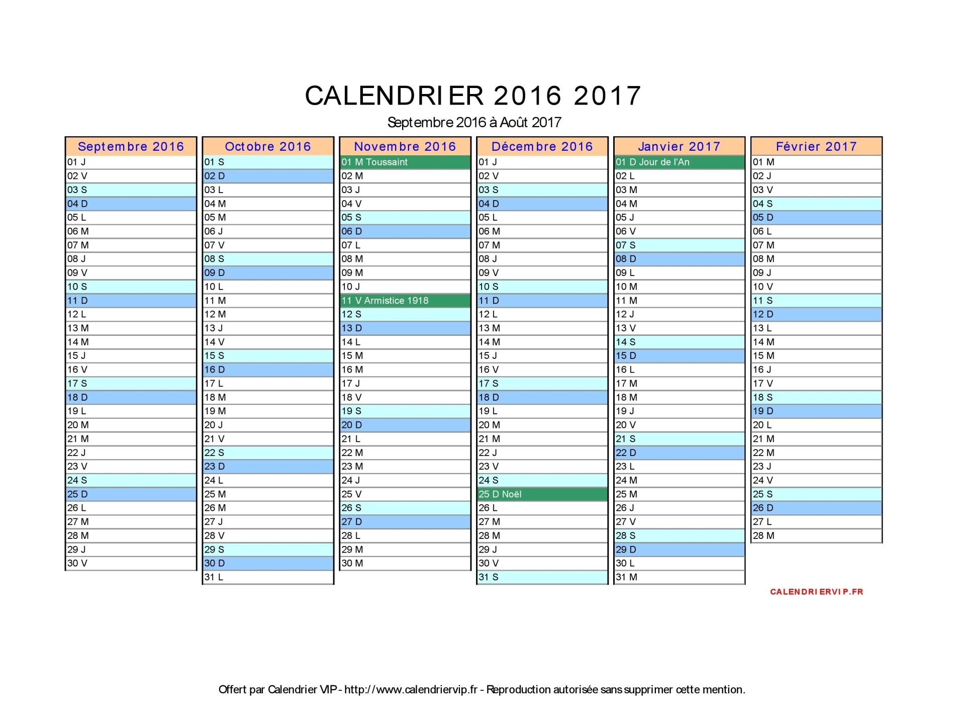 Calendrier 2016 2017 À Imprimer Gratuit En Pdf Et Excel destiné Calendrier 2017 Excel 