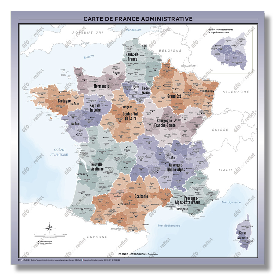 Carte De France Administrative Aventurine 100X100 Cm avec Combien De Region Administrative En France