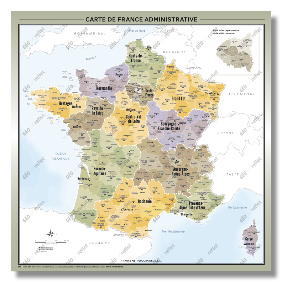Carte De France Administrative Topaze 100X100 Cm destiné Combien De Region Administrative En France 