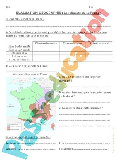 Climats En France - Ce2 - Cm1 - Evaluation Par Pass concernant Carte De France Ce2 Evaluation 