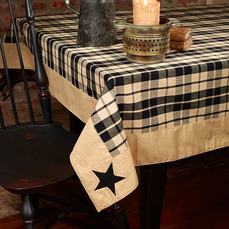 Farmhouse Star Black Tan Plaid Primitive Applique Cotton à Country Tablecloths