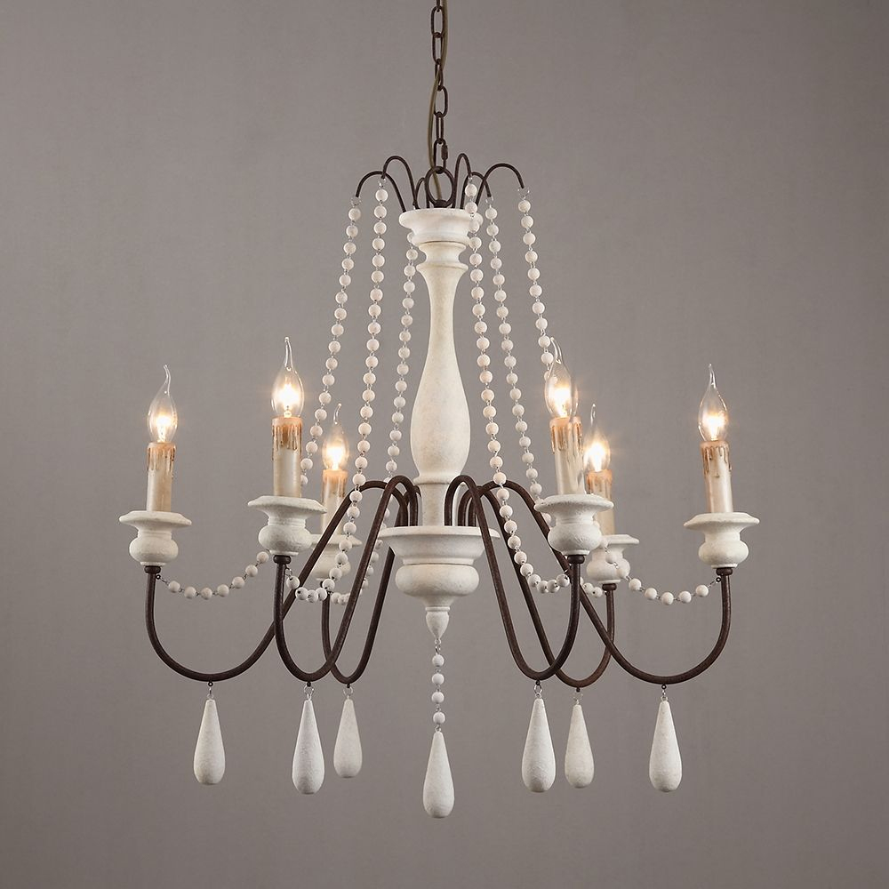 French Country Candle-Style 6-Light Wood Bead Swag 1-Tier intérieur French Country Chandelier Lighting 