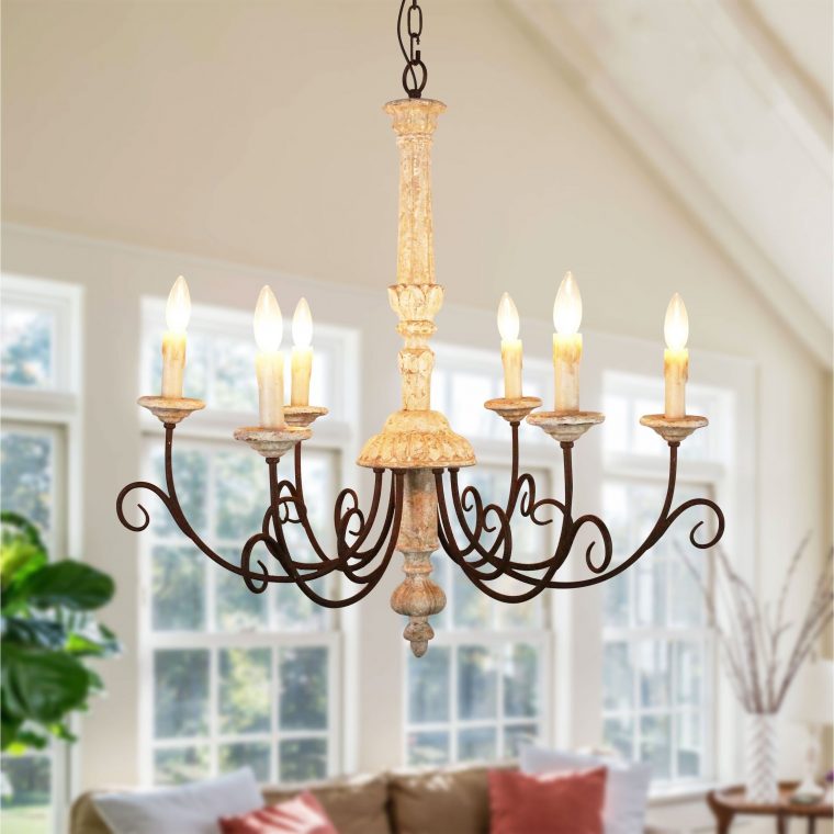 French Country Candle-Style Wooden Chandelier – 31 Inches intérieur French Country Chandelier Lighting