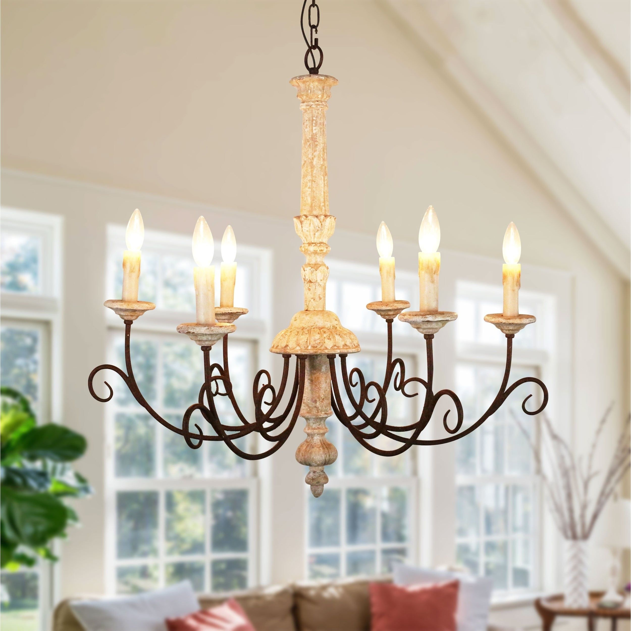 French Country Candle-Style Wooden Chandelier - 31 Inches intérieur French Country Chandelier Lighting