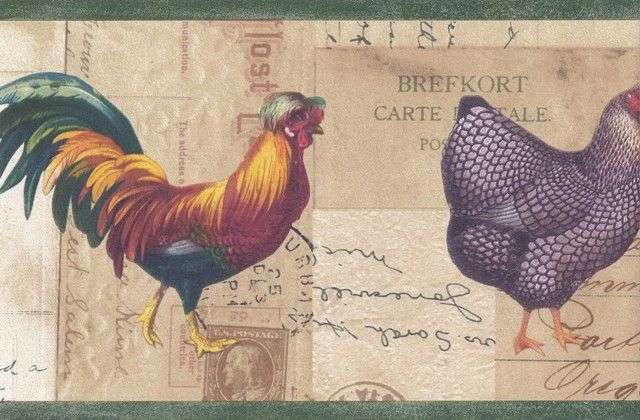 Green Beige Rooster Chicken Wallpaper Border  Chicken encequiconcerne Wallpaper Borders Chickens And Roosters 