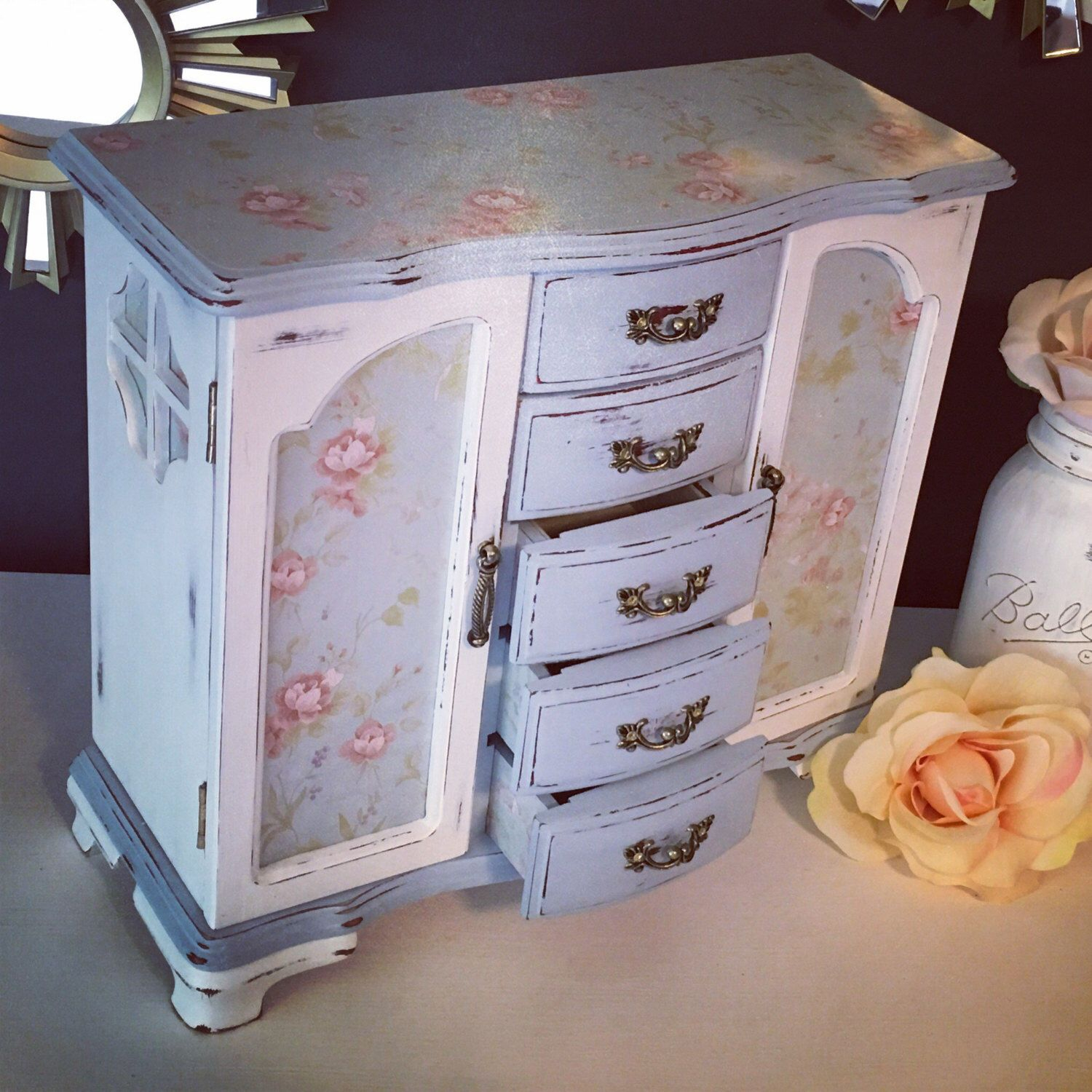 Large Blue And White Shabby Chic Wooden Jewelry Box tout Jewellery Box Shabby Chic
