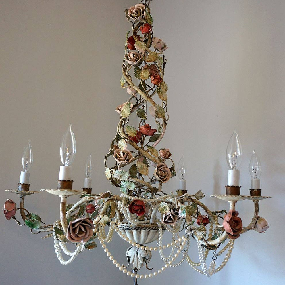 Metal Rose Chandelier Lighting Shabby Cottage Chic Pink Rusty serapportantà Shabby Chic Pink Chandelier