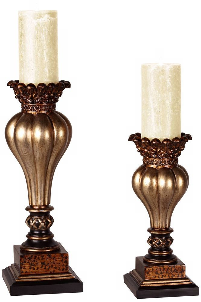 Old World Gold Bronze Pillar Candle Holder Set Of 2 # à Tuscan Style Candle Holders