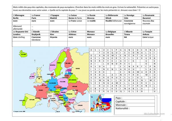 Pays D&amp;#039;Europe, Capitales, Monnaies Fiche D&amp;#039;Exercices encequiconcerne Capitale Des Pays Européens 