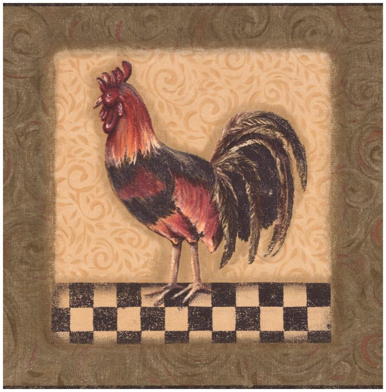 Prepasted Wall Border – Roosters In Sage Green Squares concernant Wallpaper Borders Chickens And Roosters