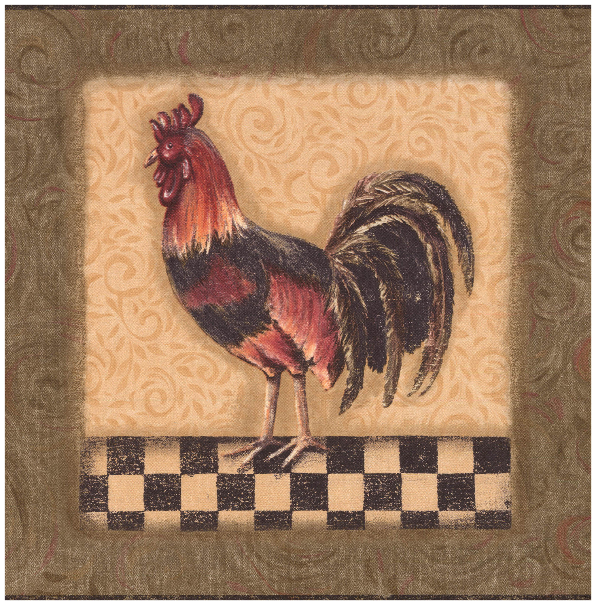 Prepasted Wall Border - Roosters In Sage Green Squares concernant Wallpaper Borders Chickens And Roosters