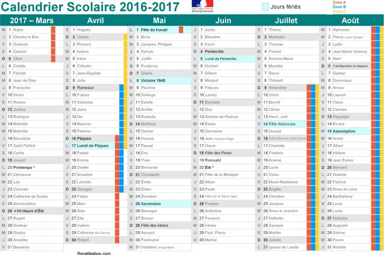 Vacances Scolaires 2016 Et 2017 – Calendrier À Imprimer tout Calendrier 2017 À Imprimer Avec Vacances Scolaires