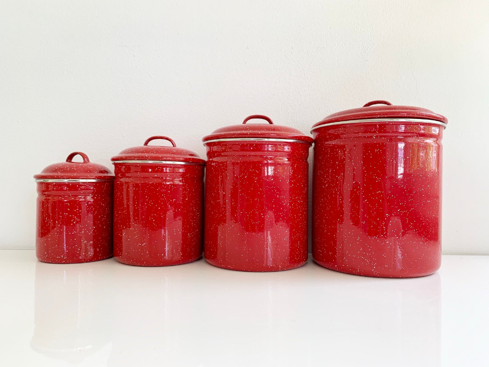 Vintage Candy Apple Red Speckled Enamel Ware Kitchen pour Red Kitchen Canisters 