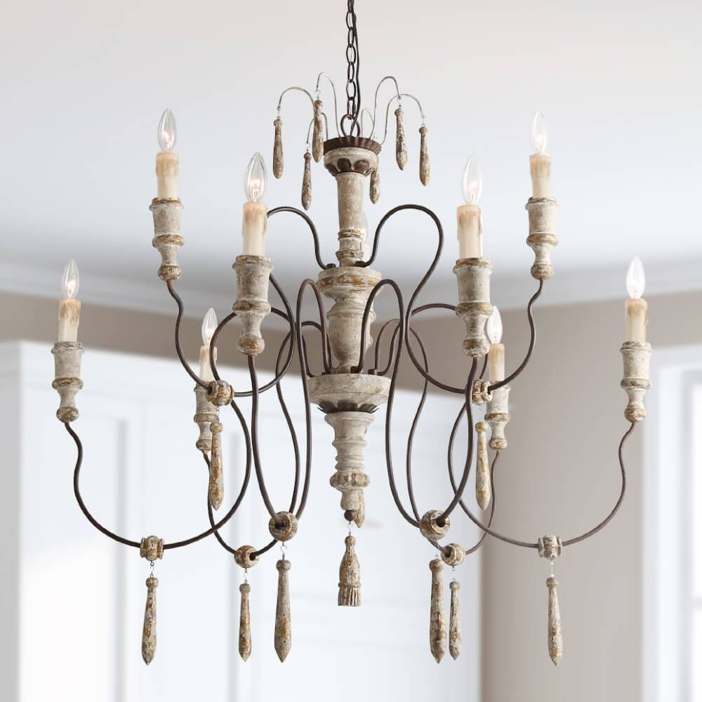 Weathered Wooden Chandeliers With Pendants- 9 Lights In encequiconcerne French Country Chandelier Lighting 