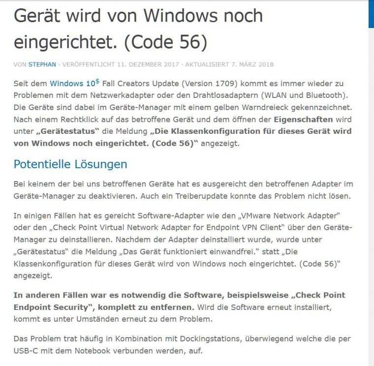 die klassenkonfiguration für dieses gerät wird von windows noch eingerichtet