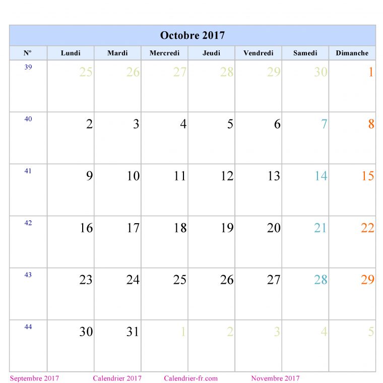 Calendrier Octobre 2017 À Imprimer Gratuit En Pdf Et Excel avec Calendrier 2017 A Imprimer