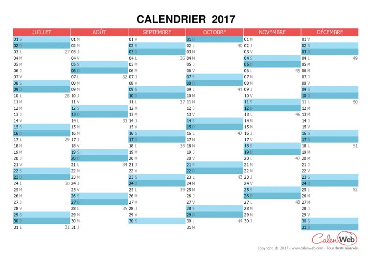 Calendrier Semestriel – Année 2017 Planning Semestriel avec Calendrier 2017 A Imprimer