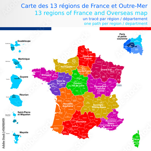 Carte Des 13 Régions De France Et Outre-Mer Colorée Avec à Regiuons Et Departements 