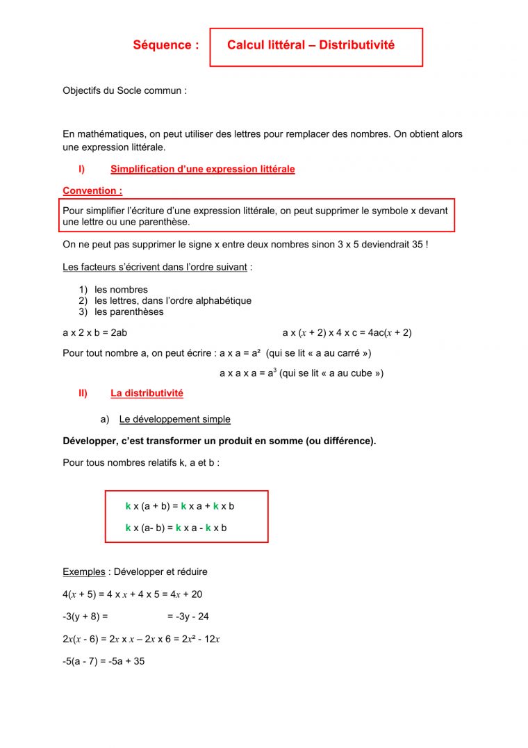 Cours Calcul Littéral _1_-4Eme-2016 destiné Facteurs D&#039;Ã©Chelle Maths