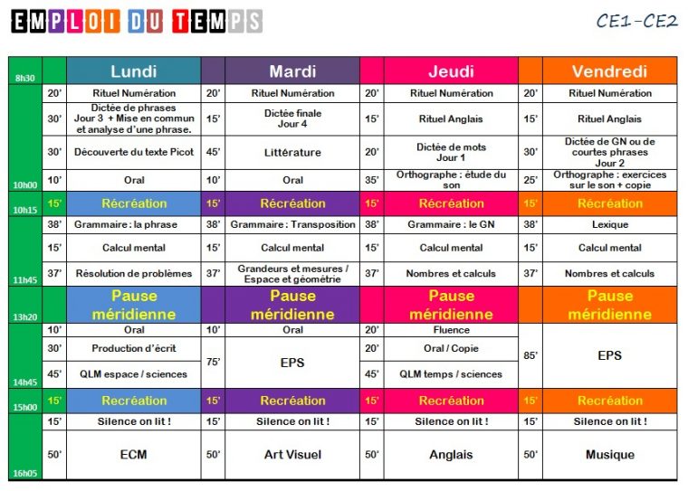 Emploi Du Temps 4 Jours Ce1 encequiconcerne Chez Val 10 Picot Ce1 Ce2