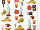 Il Modello Stabilito Di Vettore Di New York Con Le Icone concernant Les Aliments Mots Melã©S