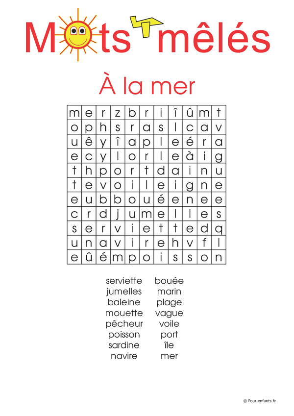 La Mer. Jeu De Mots Mêlés, Cachés Ou Mélangés, À Imprimer dedans Mots Meles A Imprimer 