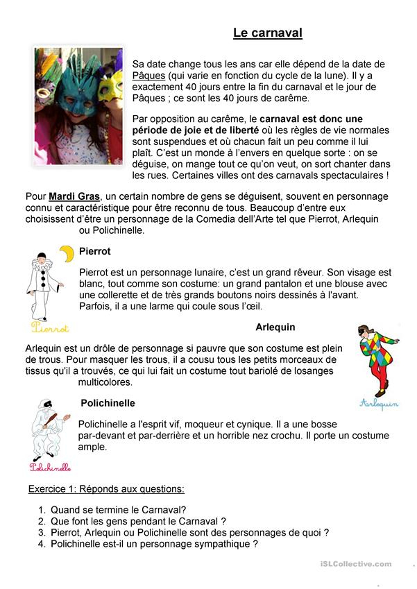 Le Carnaval Fiche D&amp;#039;Exercices - Fiches Pédagogiques à Quizz Sur La France Maternelle 