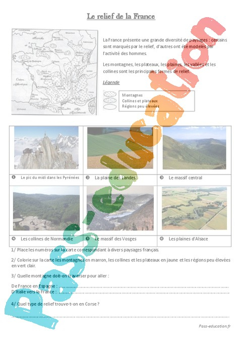 Le Relief En France : Ce2 - Cycle 2 - Exercice Évaluation dedans Evaluation Ce2 Geographie Carte De France 